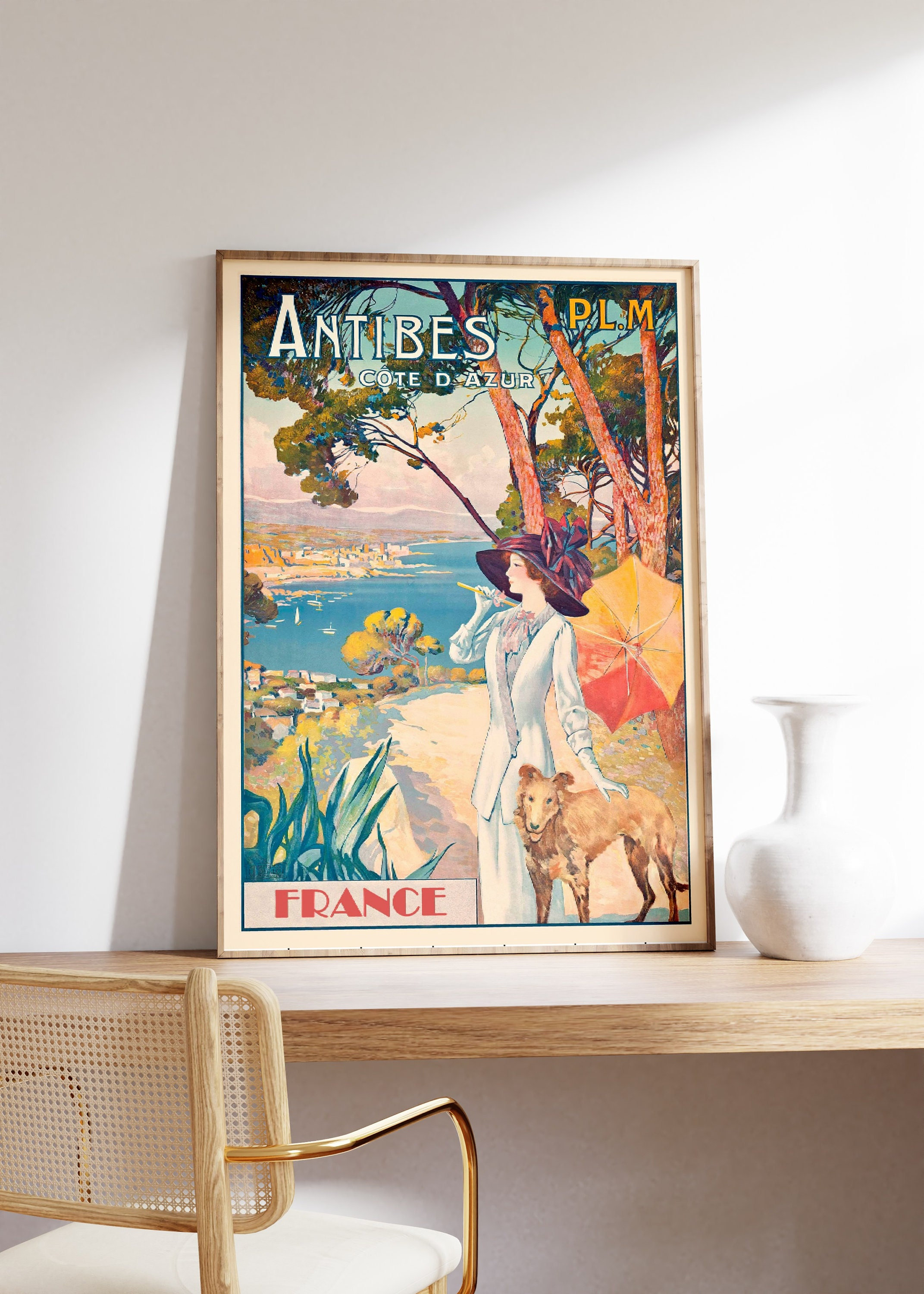 France Antibes Vintage Travel Poster, Woman With Dog