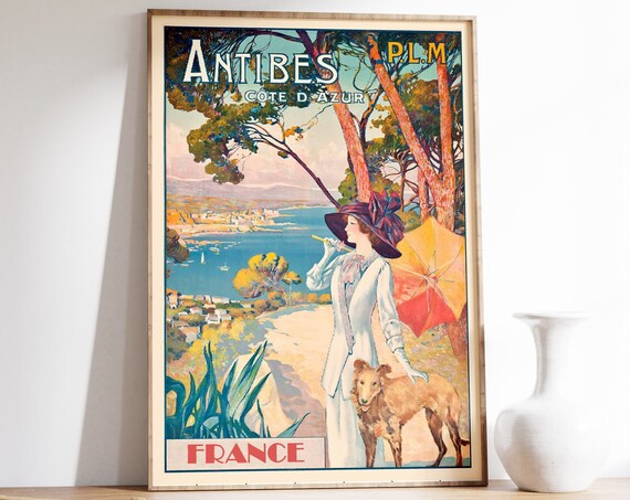 France Antibes Vintage Travel Poster, Woman With Dog