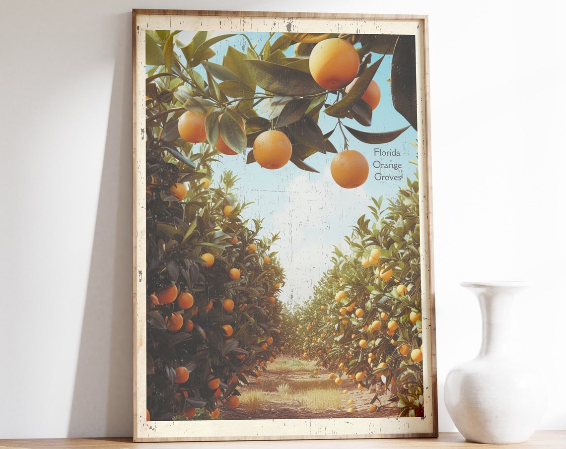 Vintage Florida Orange Grove Travel Poster, Golden Fruit