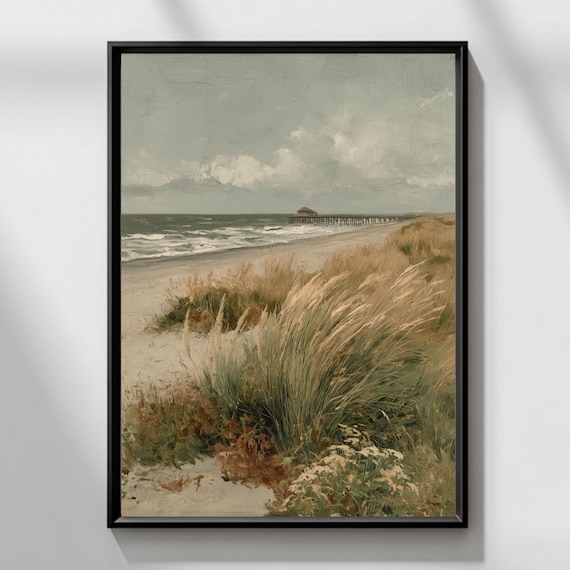 Misty Coastal Beach Dunes Neutral Seaside Pier Landscape Poster