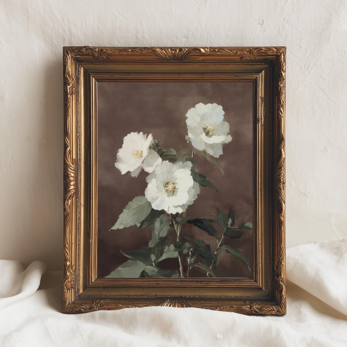 White Roses Vintage Floral Oil Painting Elegant Neutral Wall Art