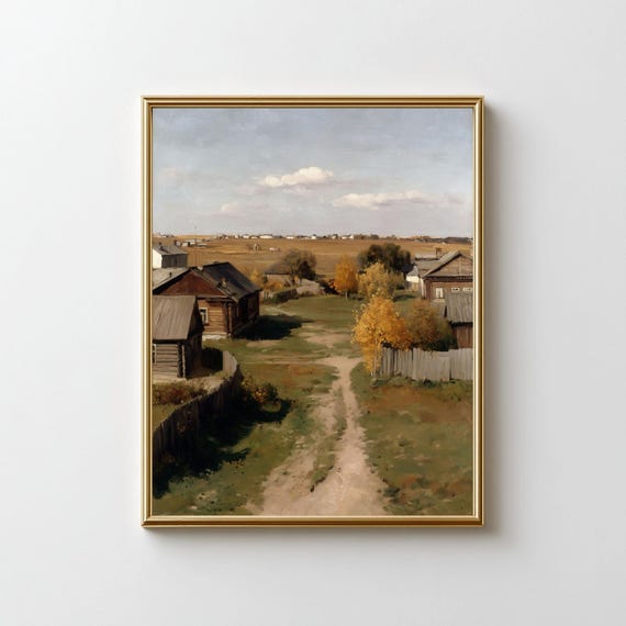 Rustic Countryside Village Painting Autumn Farmhouse Wall Art Vintage Country Road Scene Rural Landscape Print