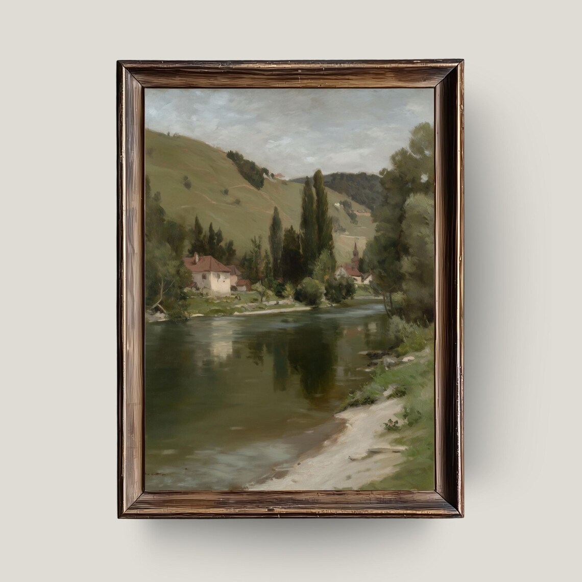 European Countryside River Painting Peaceful Rustic Village Landscape Wall Art