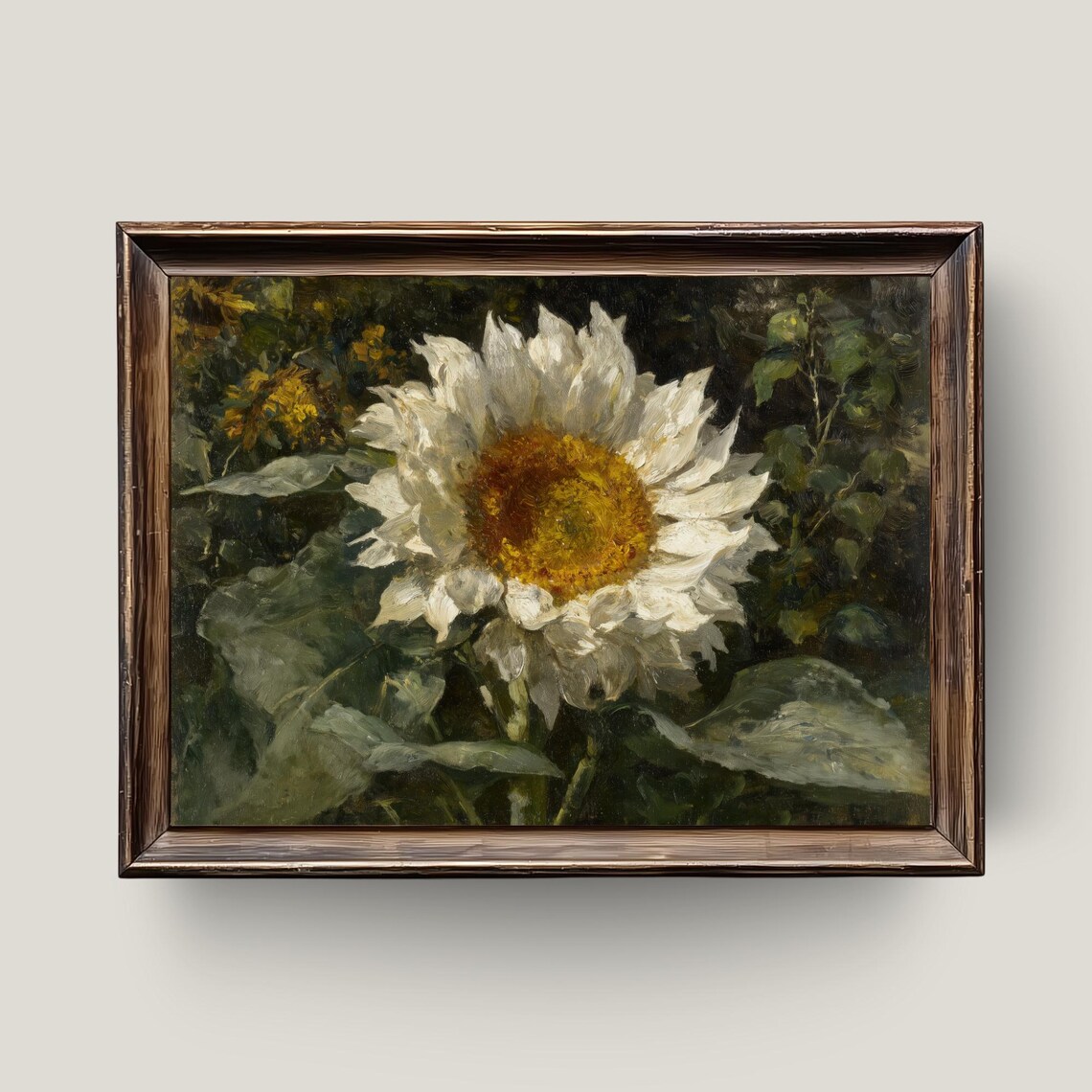 White Sunflower Bloom Dark Vintage Floral Oil Painting Poster