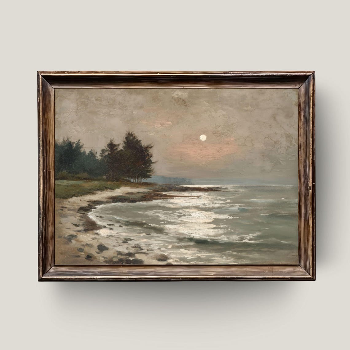 Moonlit Seashore Twilight Ocean Waves Vintage Oil Painting Print