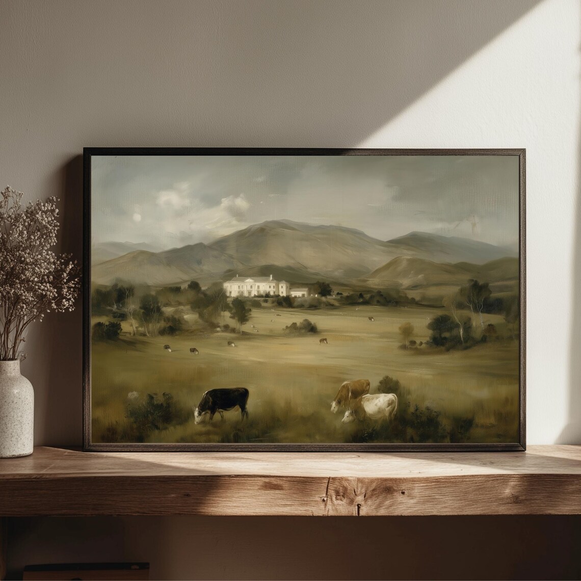 Golden Country Estate Manor House Mountains Cows Pasture Art Poster