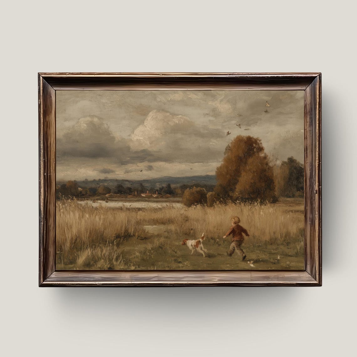 Child And Dog Running Through Meadow Vintage Countryside Wall Art