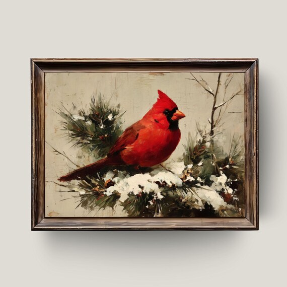 Red Cardinal Winter Snowy Pine Branch Rustic Oil Painting Print