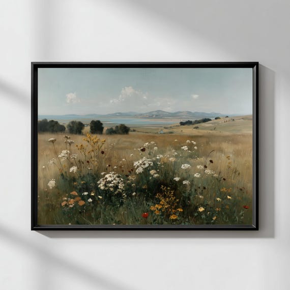 Wildflowers By The Lake Summer Meadow Landscape Wall Art Rustic Countryside Painting Neutral Nature Decor