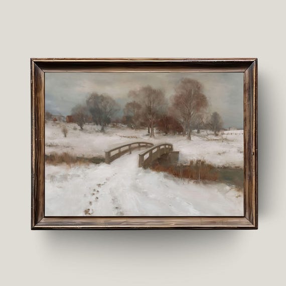 Vintage Winter Landscape Painting Snowy Bridge Rustic Farmhouse