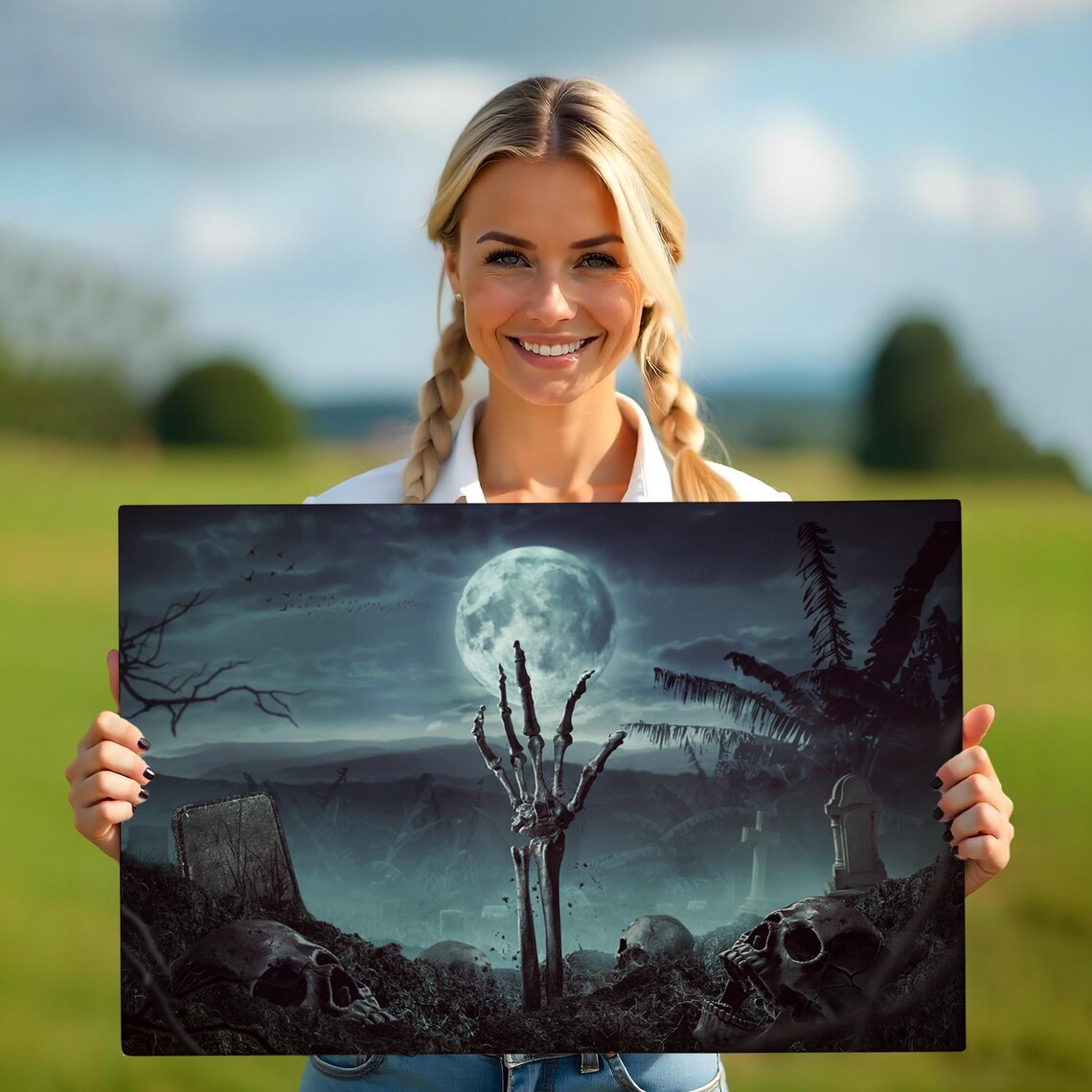Skeleton Hand Graveyard Skulls Full Moon Dark Horror Night Wall Art Poster - Image 5
