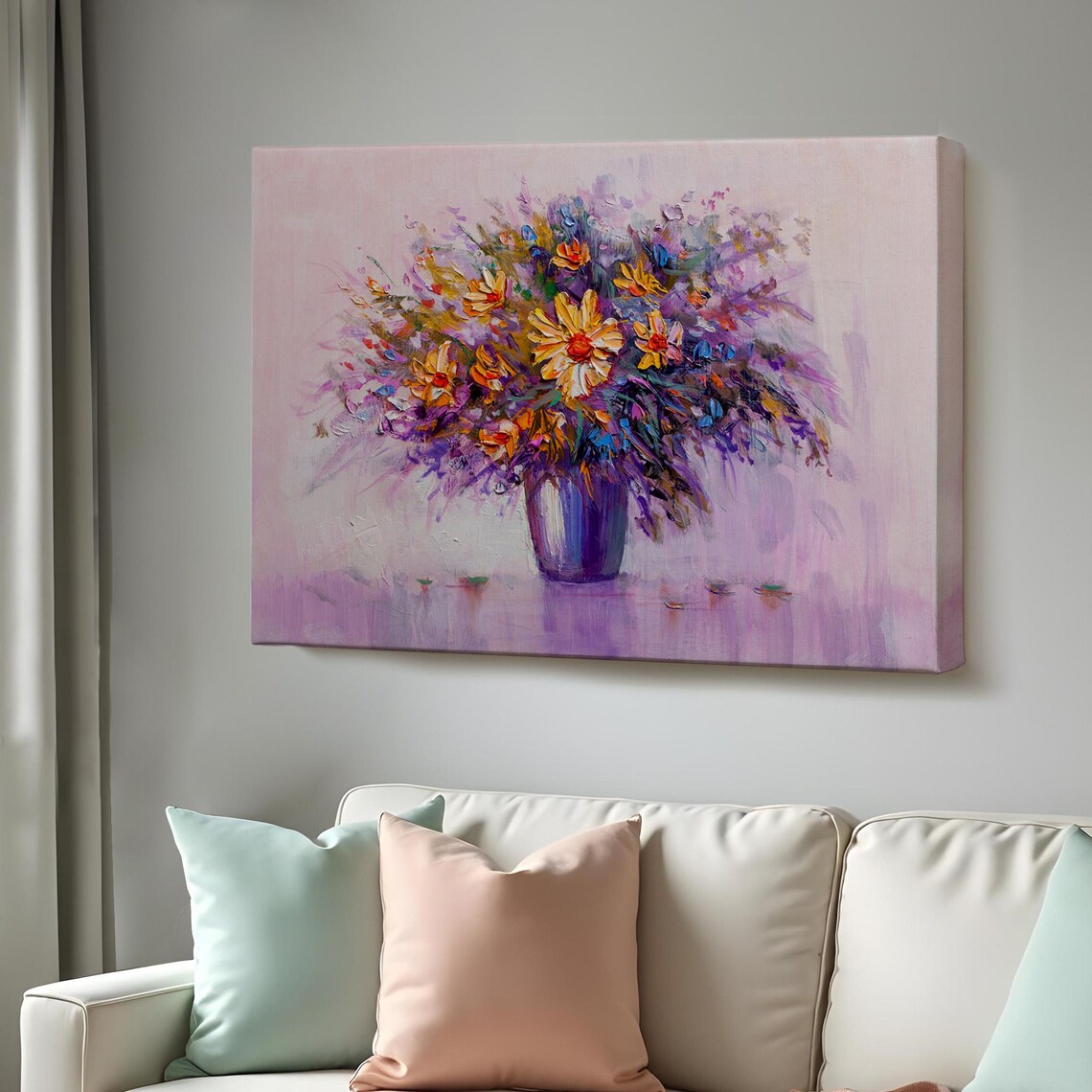 Colorful Wildflowers Blue Vase Purple Background Oil Painting Wall Art