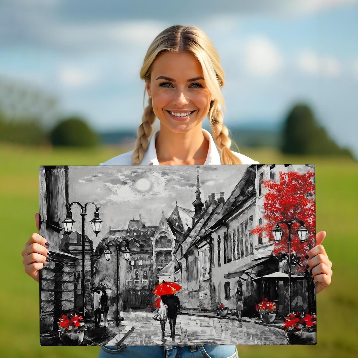 Budapest Old Street Red Umbrella Couple Black White City Poster - Image 5