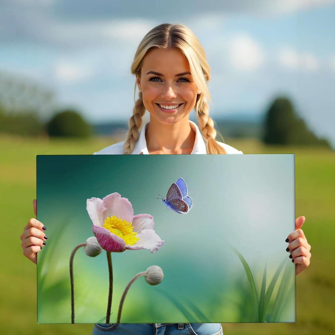 Pink Flower Blue Butterfly Macro Nature Photography Wall Art - Image 5