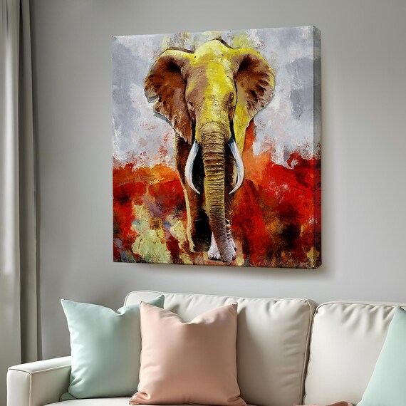 Golden Elephant Front View Red Abstract Background Animal Art Poster