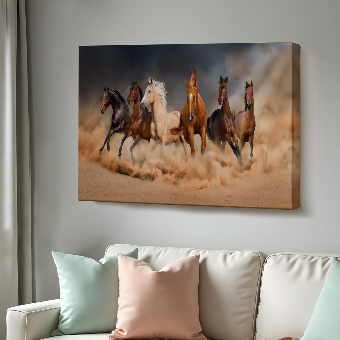 Six Horses Galloping Through Dust Cloud Wild Herd Equine Photo Poster