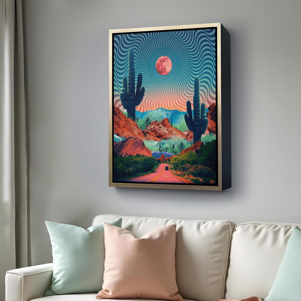 Psychedelic Desert Road Retro Saguaro Cactus Moon Night Sky Art Poster - Image 4