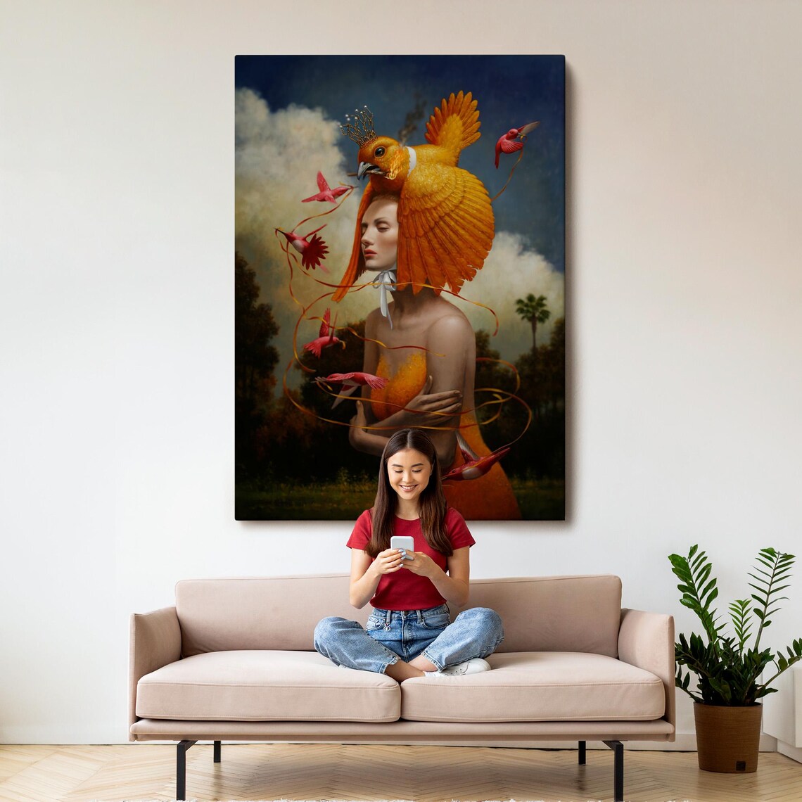 Woman with Golden Bird Headdress Surreal Red Birds Art Poster - Image 3