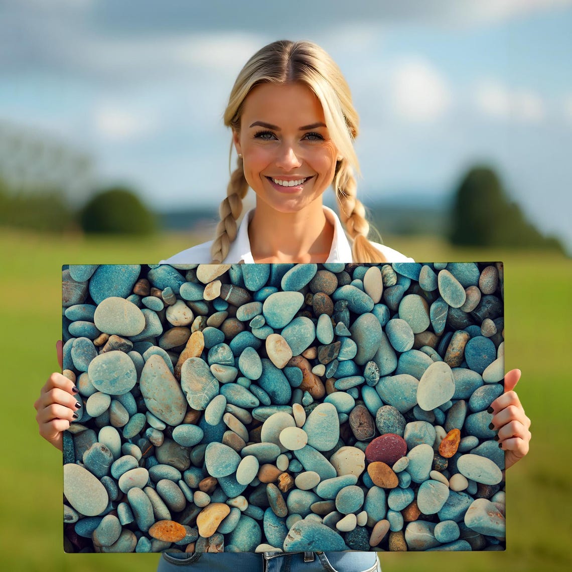 Smooth Sea Pebbles Teal Blue Gray Stones Coastal Texture Wall Art - Image 5