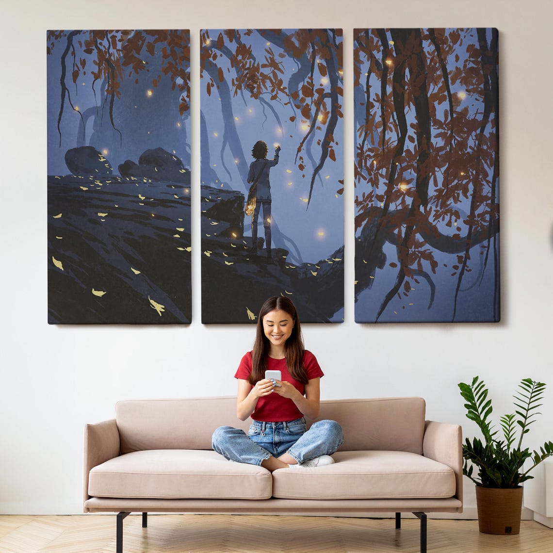 Girl On Giant Tree Branch Twilight Falling Leaves Fantasy Art Print - Image 2