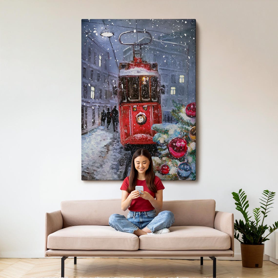 Red Vintage Tram In Snowy Street Christmas Ornaments Winter Wall Art - Image 3