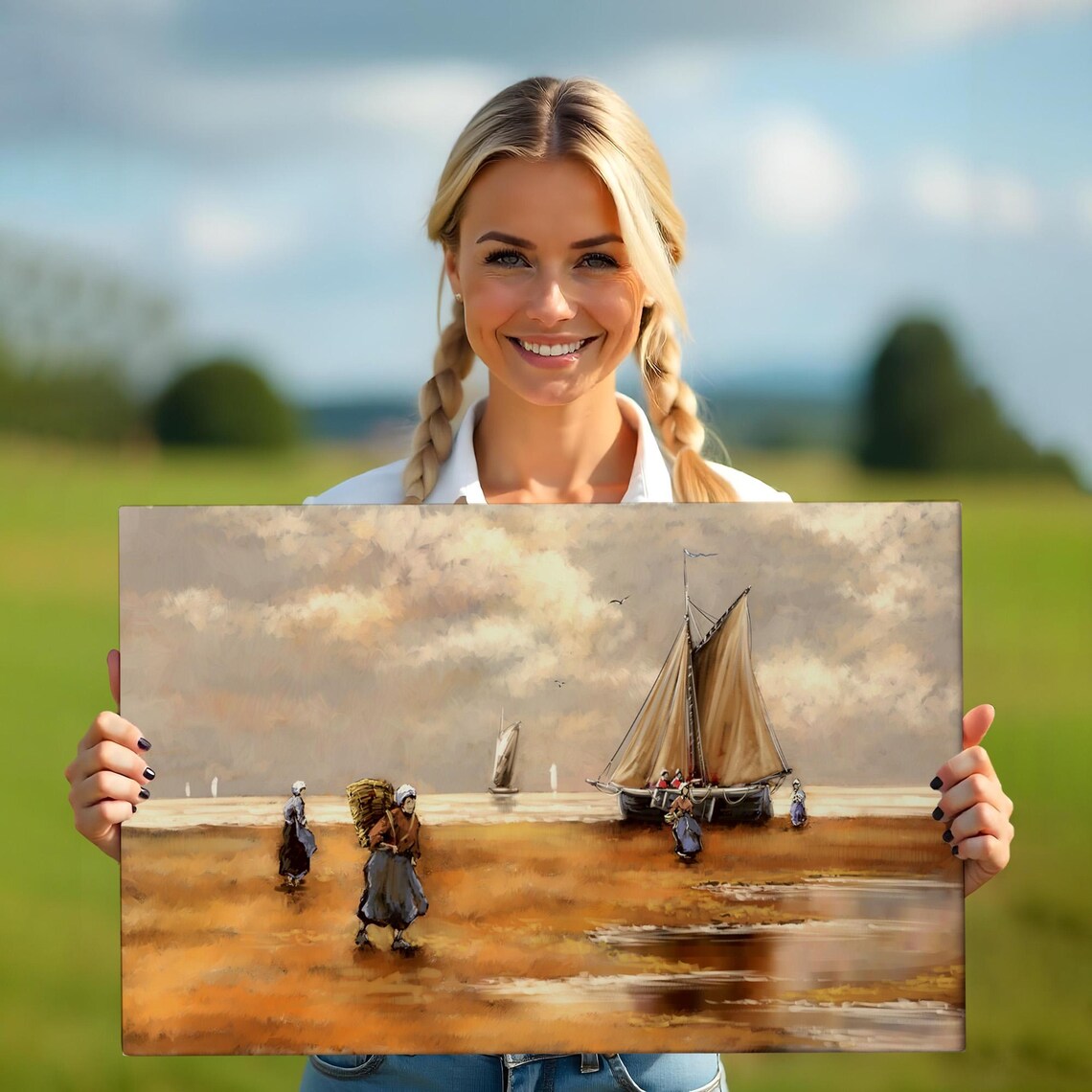 Fishermen Beach Sailboat Classic Seascape Golden Sand Painting Poster - Image 5