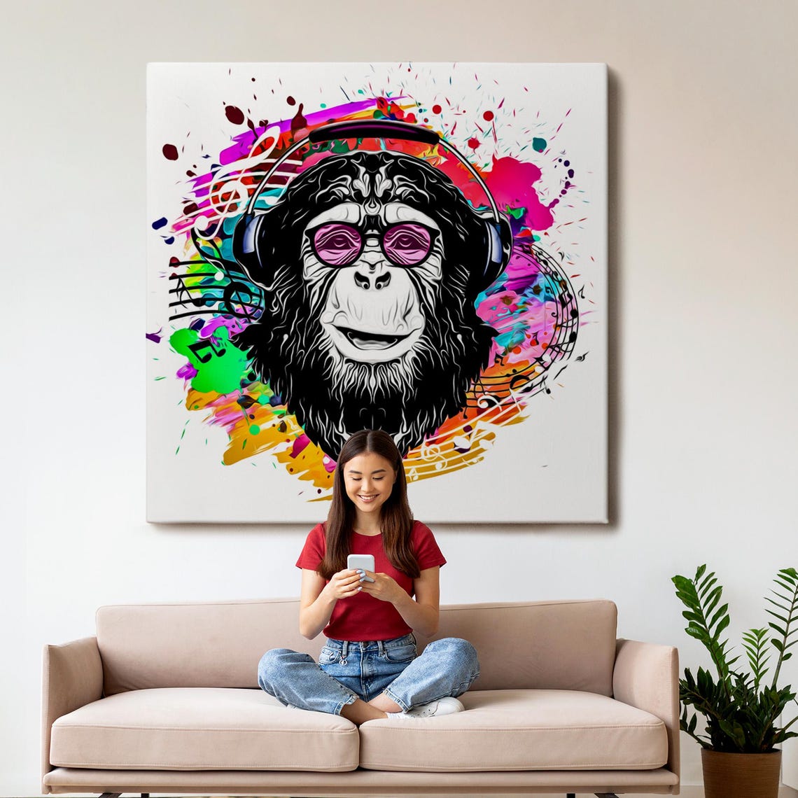 DJ Monkey With Headphones Colorful Music Notes Pop Art Animal Poster - Image 3
