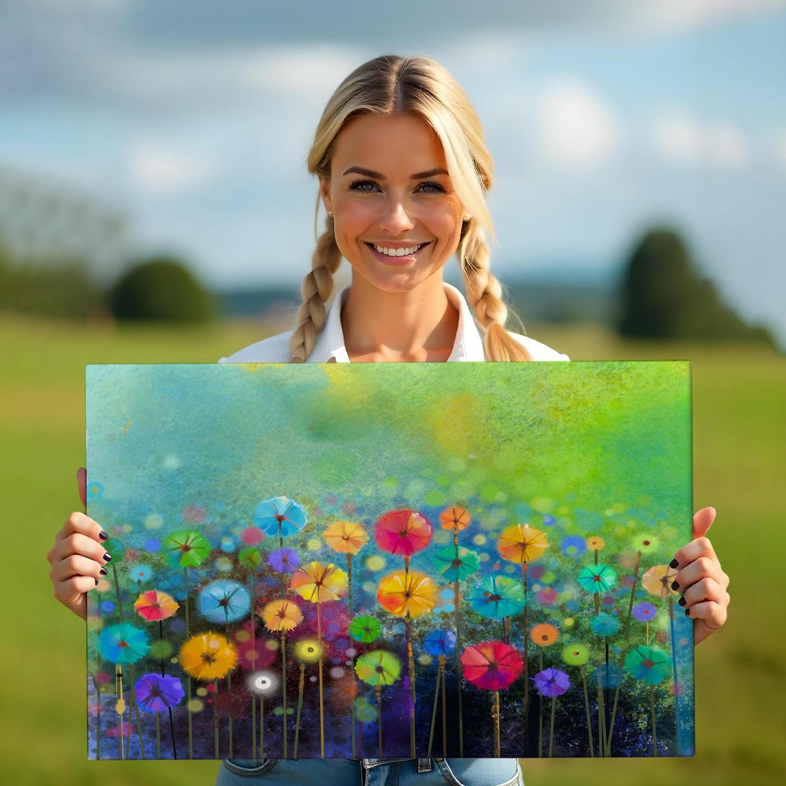 Abstract Rainbow Dandelion Flowers Watercolor Colorful Meadow Poster - Image 5