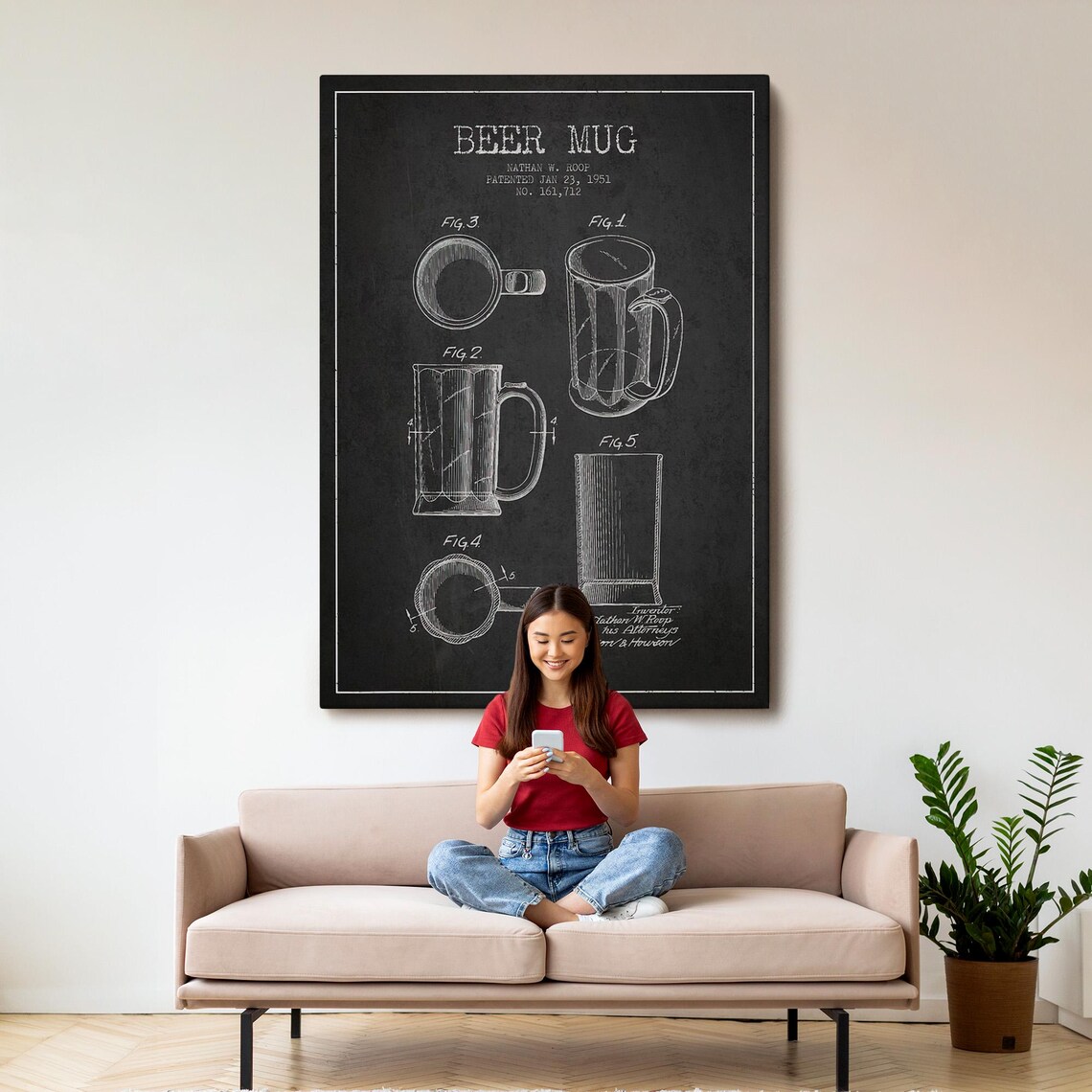 1951 Beer Mug Patent Drawing Vintage Blueprint Bar Decor Art Poster - Image 3