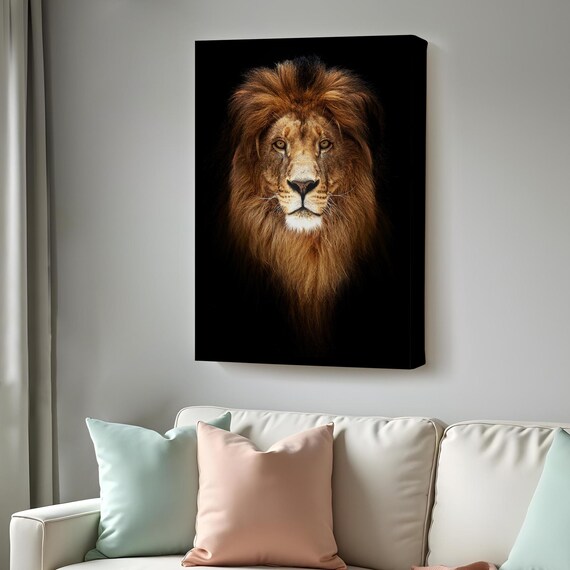 Lion Face Front Portrait Dark Background Amber Eyes Majestic Wildlife Wall Art Poster
