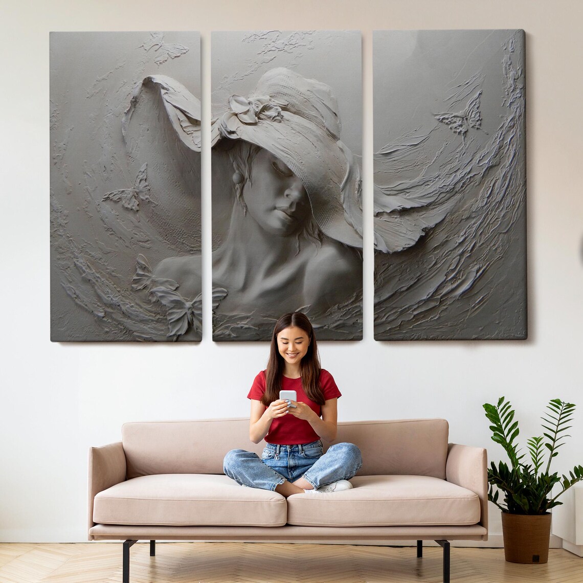 3D Embossed Woman in Wide Brim Hat Silver Relief Wall Art Poster - Image 2