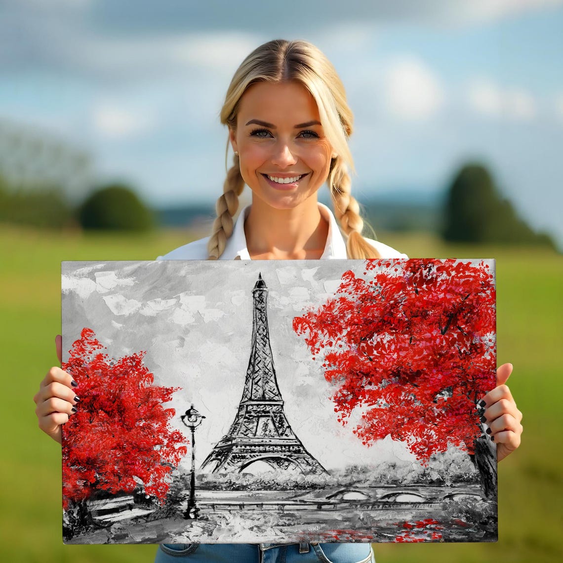 Paris Eiffel Tower Red Autumn Trees Black White Oil Painting Poster - Image 5