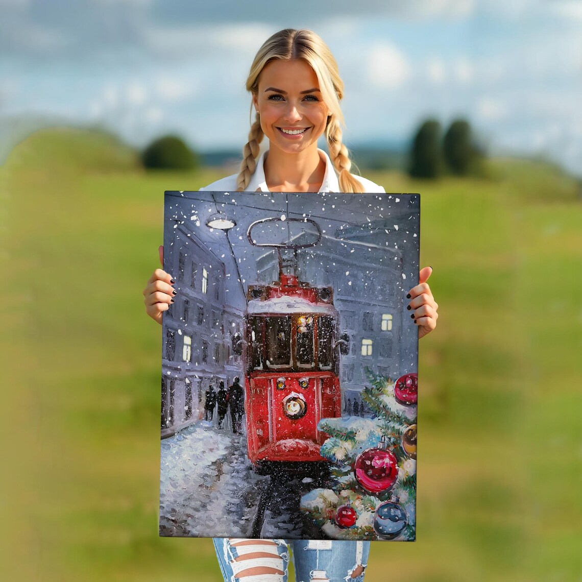 Red Vintage Tram In Snowy Street Christmas Ornaments Winter Wall Art - Image 5