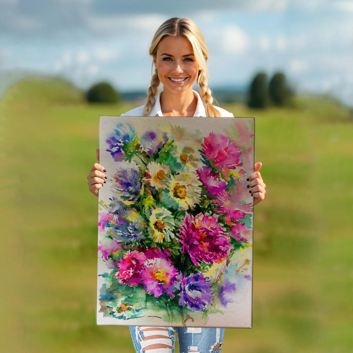 Colorful Wildflowers Watercolor Bouquet Bloom Floral Painting Wall Art - Image 5
