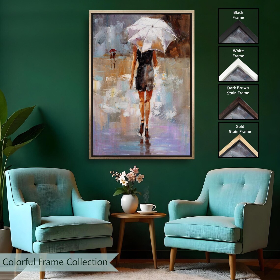 Woman With White Umbrella Walking In Rain Romantic City Oil Painting Wall Poster - Image 2