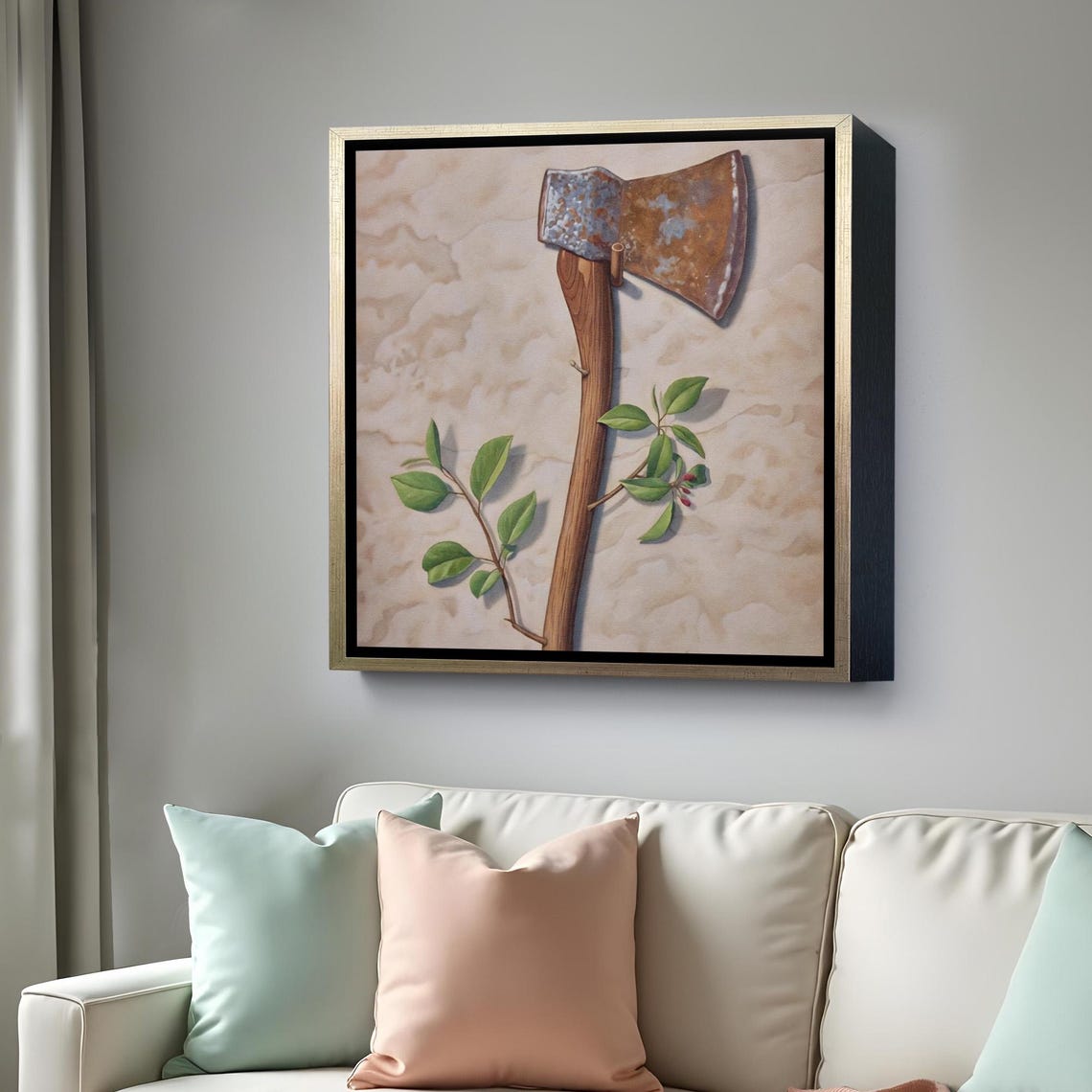 Rustic Axe with Sprouting Green Branch Renewal Surreal Art Poster - Image 4