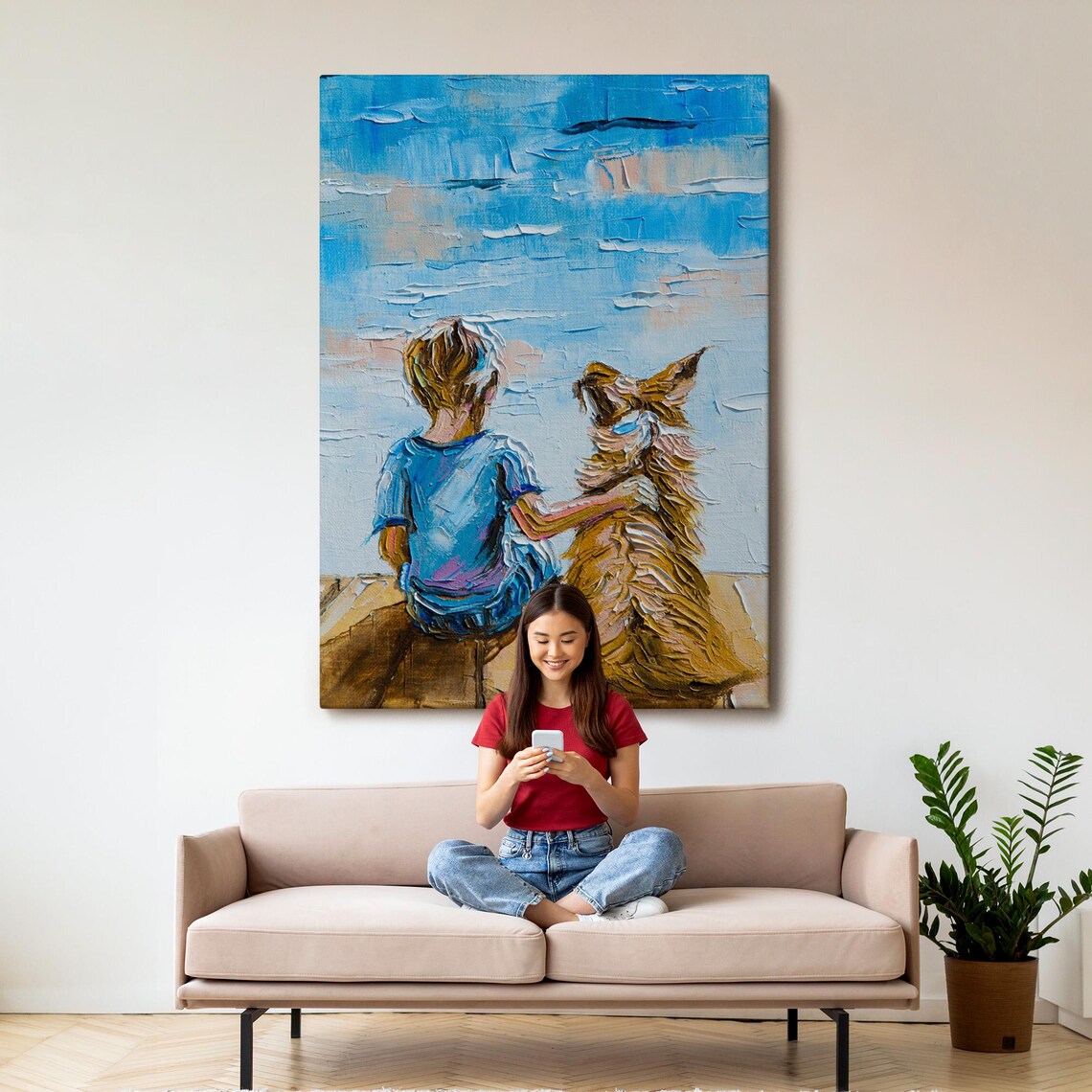 Boy And Dog Sitting By The Lake Oil Painting Friendship Wall Art - Image 3