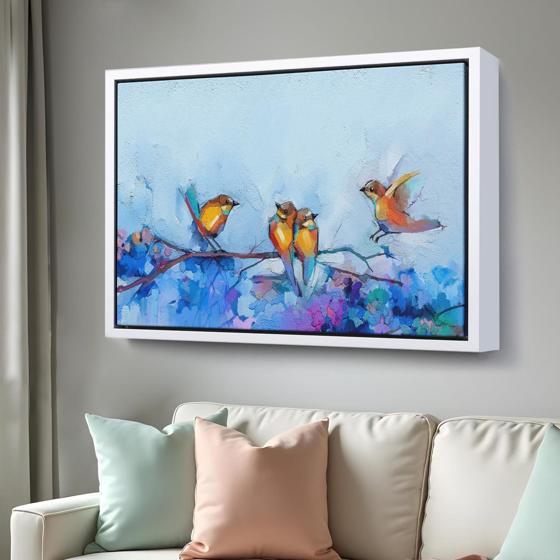 Four Colorful Songbirds on Blossoming Branch Spring Bird Art Poster - Image 3