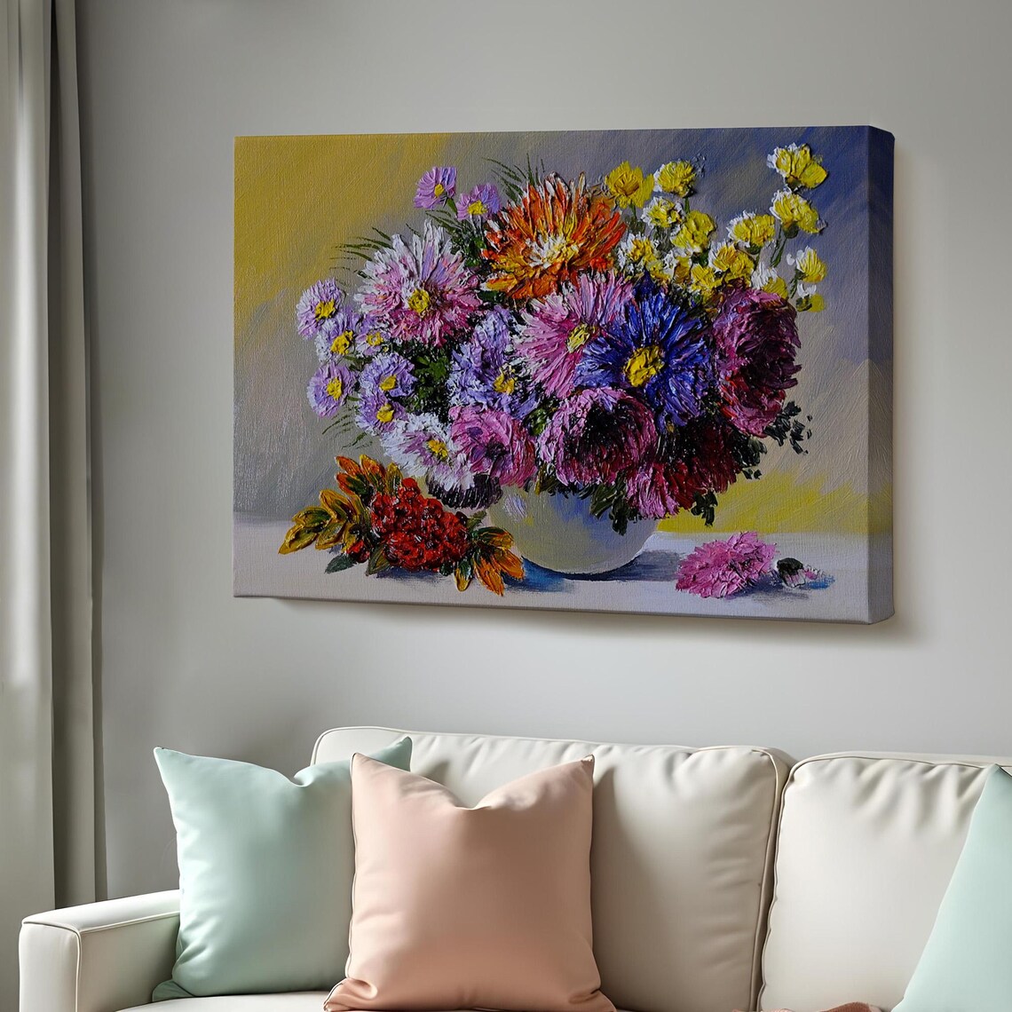 Colorful Aster Bouquet Bowl Impasto Flower Oil Painting Wall Art