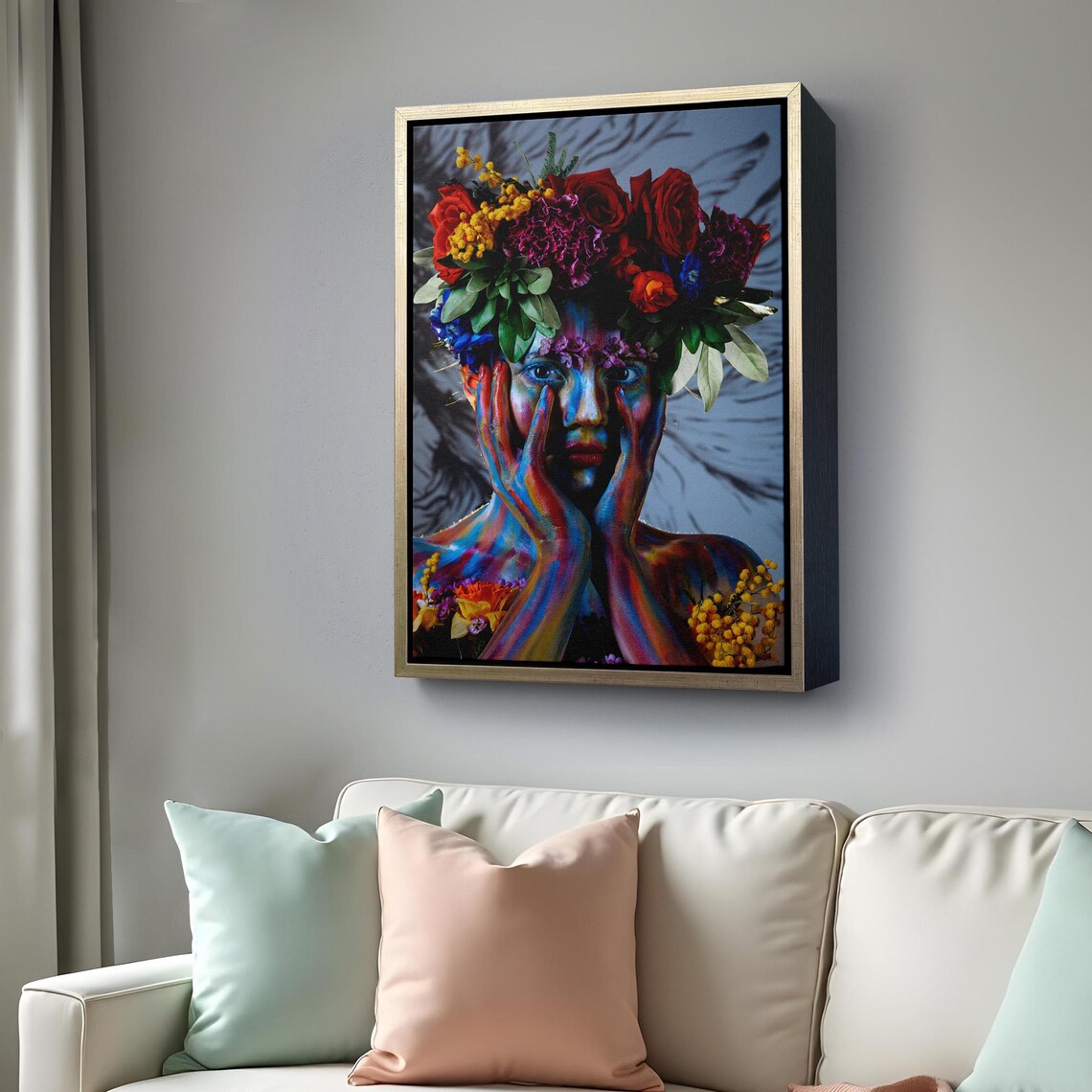 Girl With Flower Crown Colorful Body Paint Portrait Floral Wall Art - Image 4