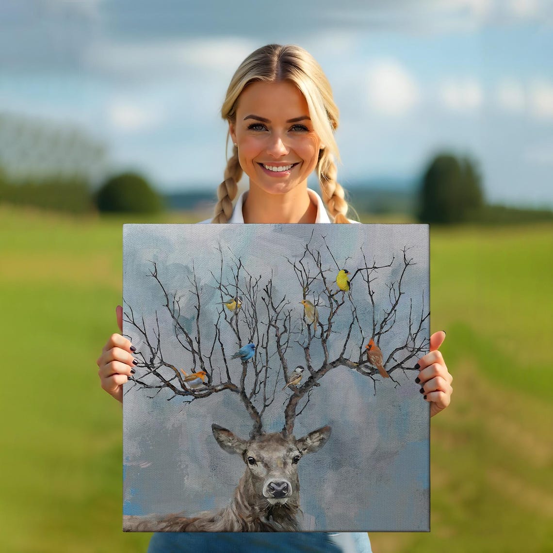 Deer Antler Tree Branches Colorful Birds Whimsical Art Poster - Image 5