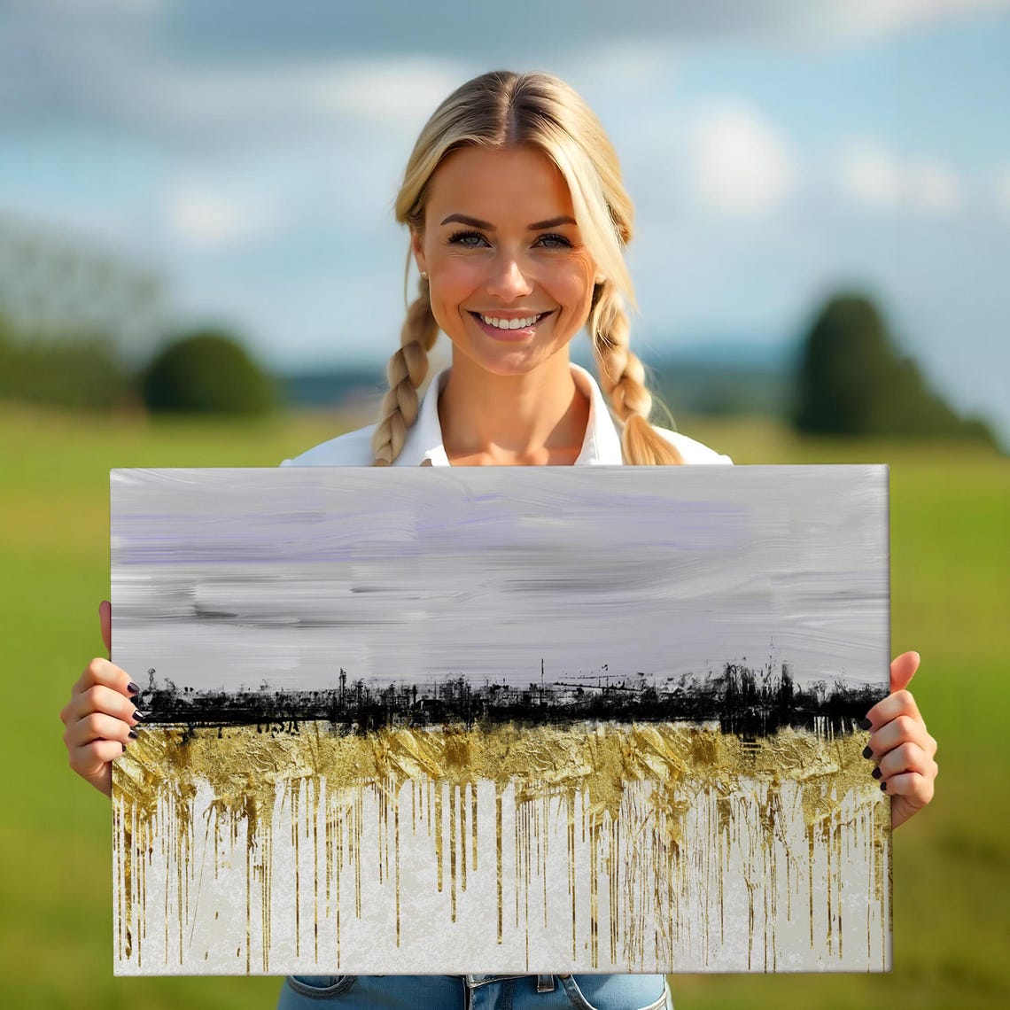 Abstract City Skyline Black Silhouette Gold Drips Modern Art Poster - Image 5