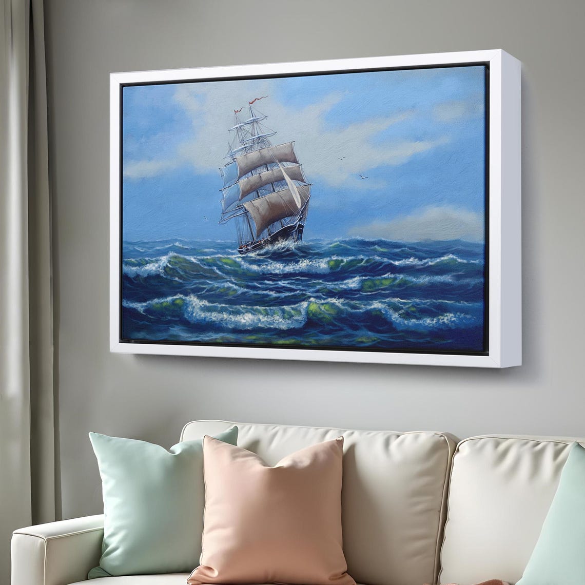 Classic Tall Sailing Ship With Full Sails On Blue Ocean Waves Poster - Image 3