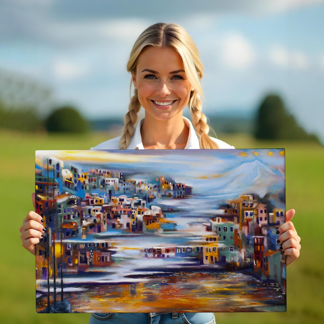 Village At Foot Of Smoking Volcano Impressionist Mountain Town Poster - Image 5