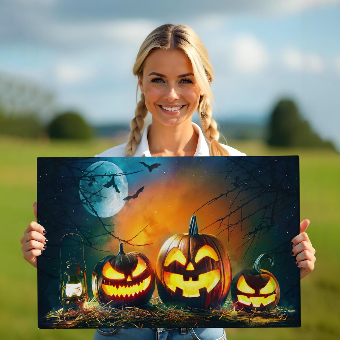 Halloween Moonlit Jack O Lantern Trio Gas Lantern Bats Spooky Night Poster - Image 5