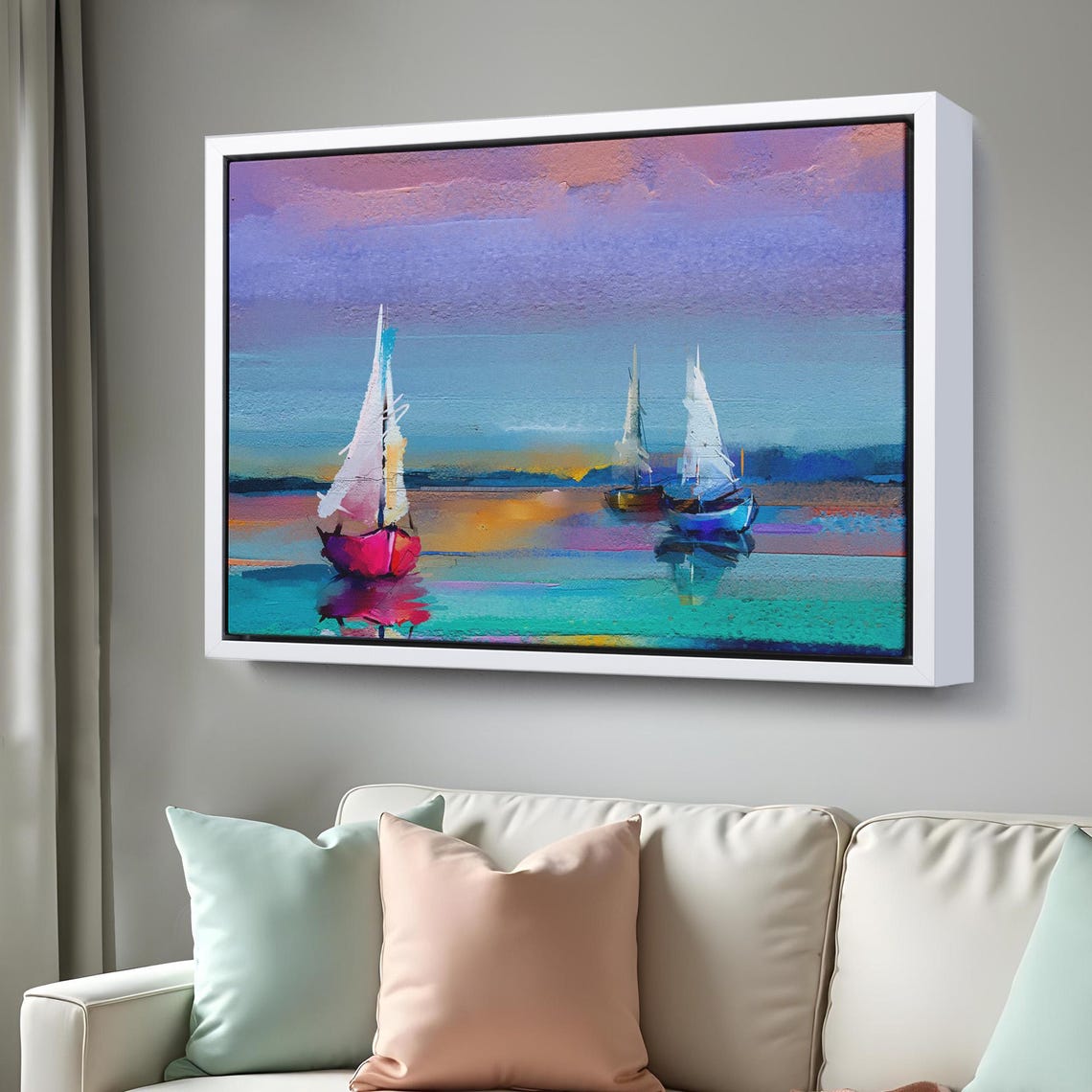 Turquoise Sunset Sailboats Ocean Calm Waters Oil Painting Poster - Image 3