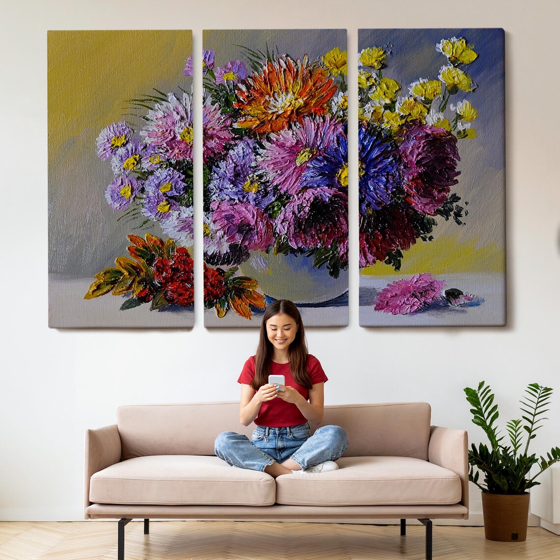 Colorful Aster Bouquet Bowl Impasto Flower Oil Painting Wall Art - Image 2