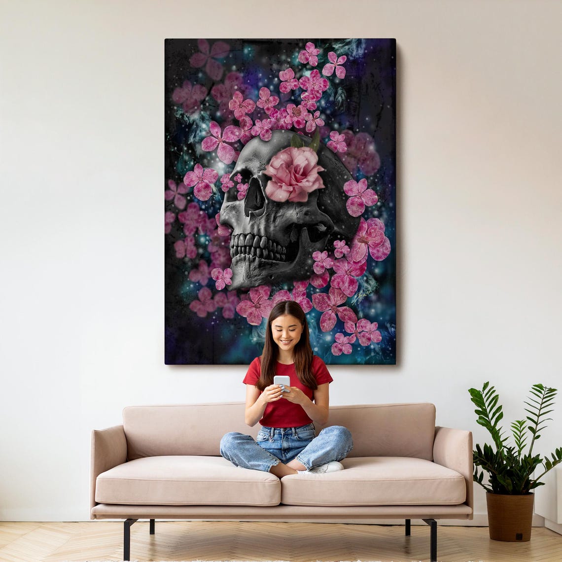 Black Skull With Pink Flowers Dark Botanical Surreal Gothic Wall Art - Image 3