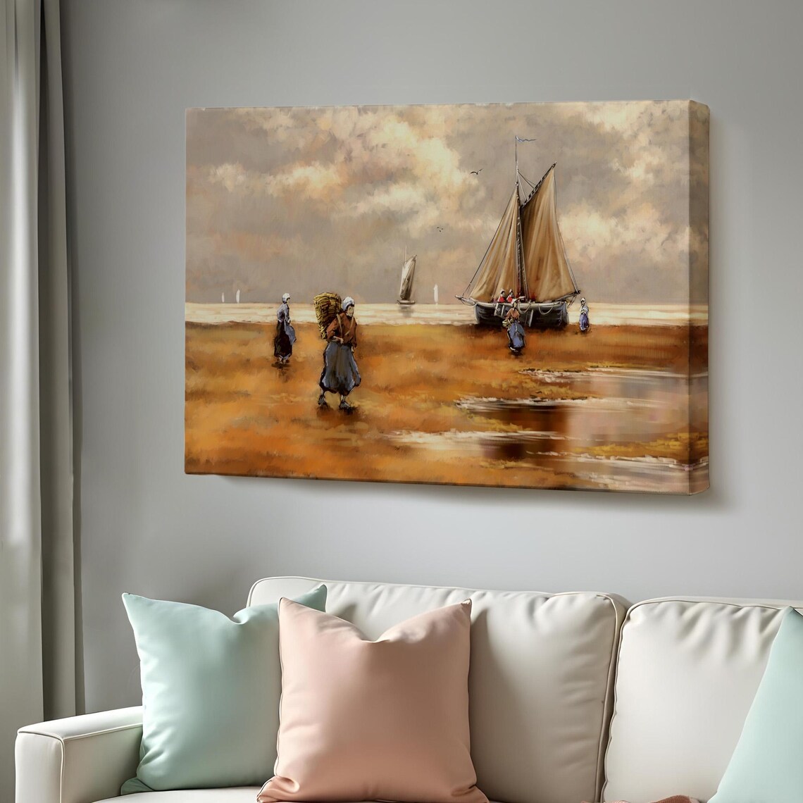Fishermen Beach Sailboat Classic Seascape Golden Sand Painting Poster