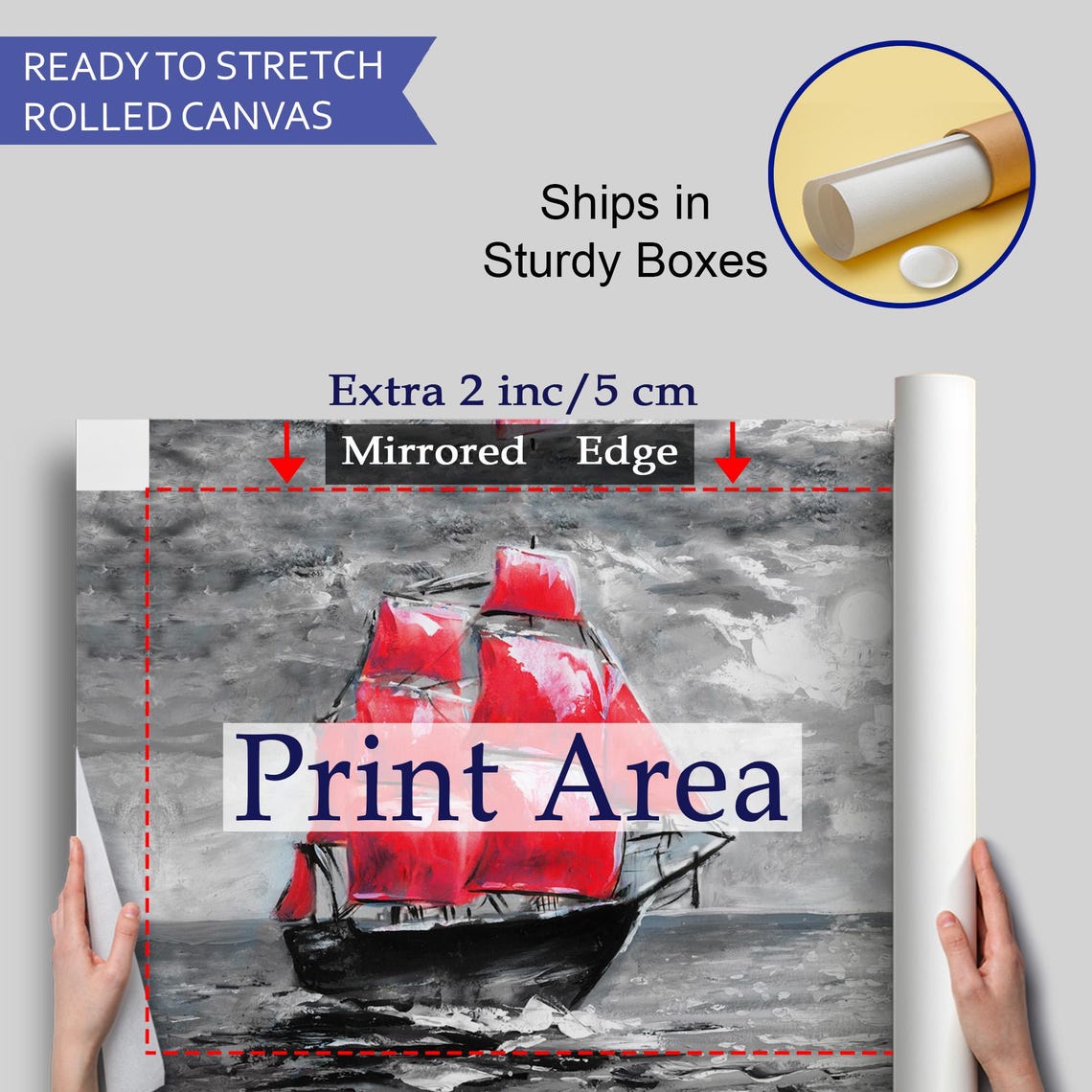 Tall Ship Red Sails Gray Stormy Sea Moonlit Ocean Painting Poster - Image 4